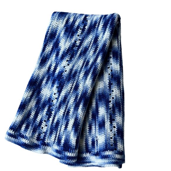 Handmade Blue White Ripple Wave Crochet Throw Afghan Blanket 48"x56" Grandmacore - Picture 1 of 10
